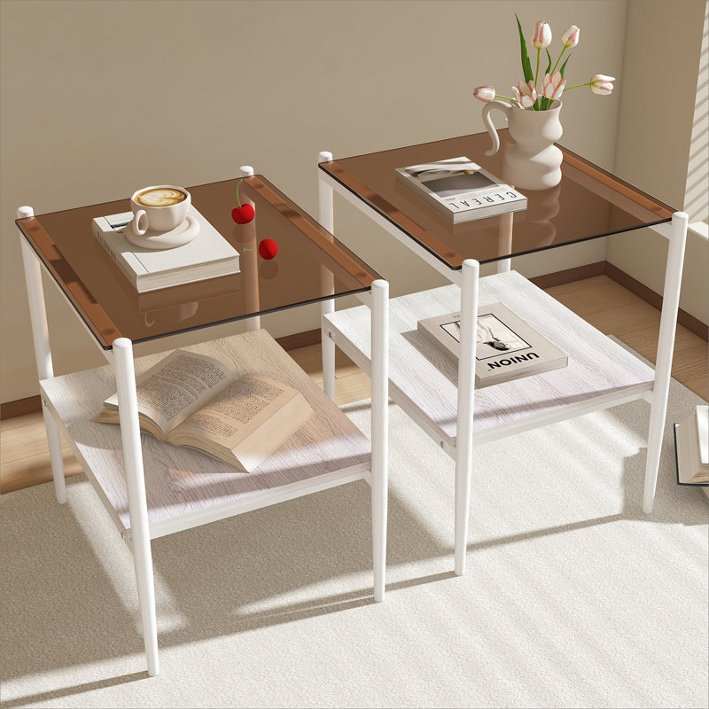 Ensemble de 2 tables de bout rectangulaires, plateau en verre trempé avec panneau de fibres à densité moyenne, table de salon moderne