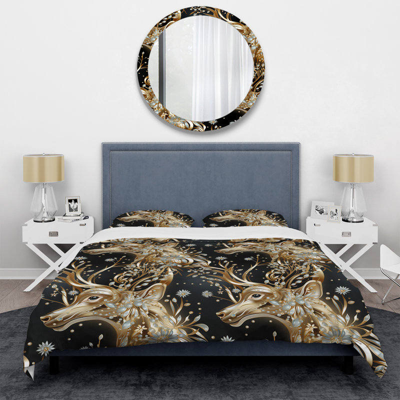 Ensemble de housse de couette en marbre noir et doré avec motif de cerfs, Housse de couette pour très grand lit et 2 très