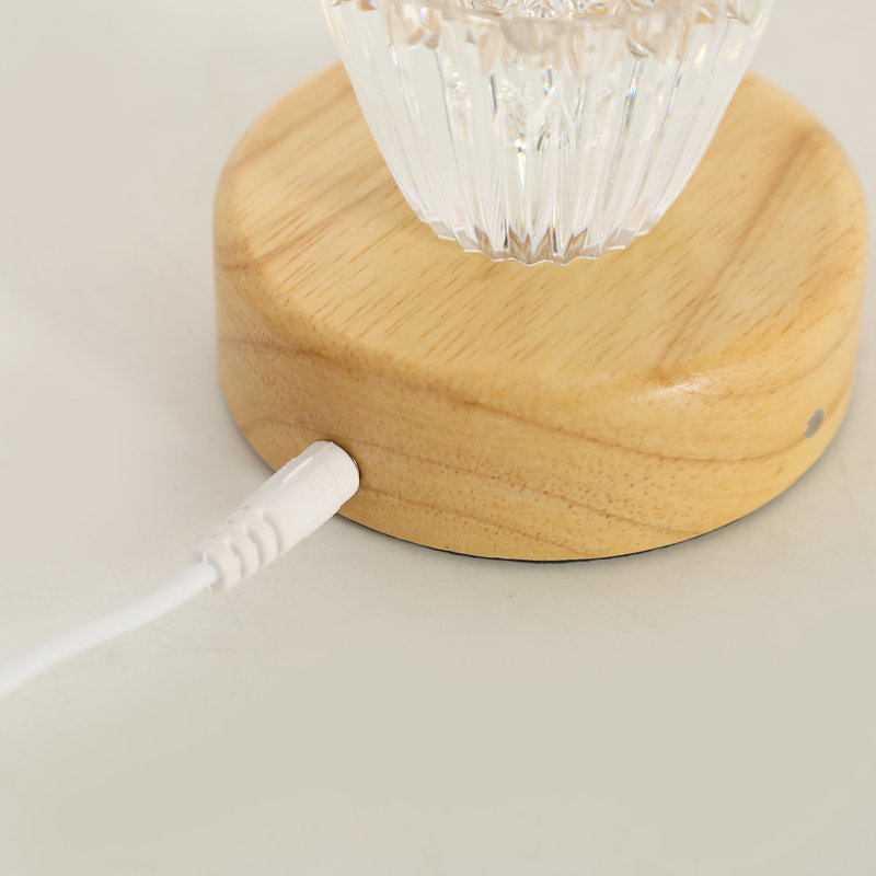 Lampe de bureau rustique rechargeable avec cristal à facettes et intensité variable, forme tulipe, sans fil, fini bois naturel (lot de 2)