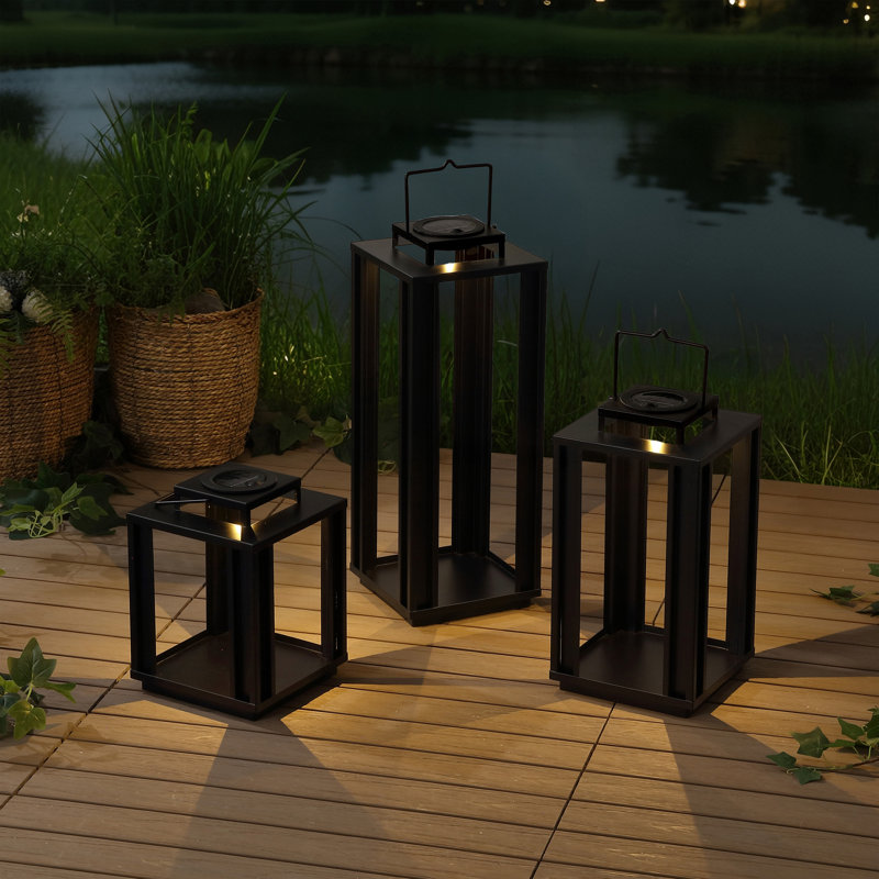 Leland Modern Industrial Integrated Indoor/Outdoor LED Solar Powered Lanterns, Black