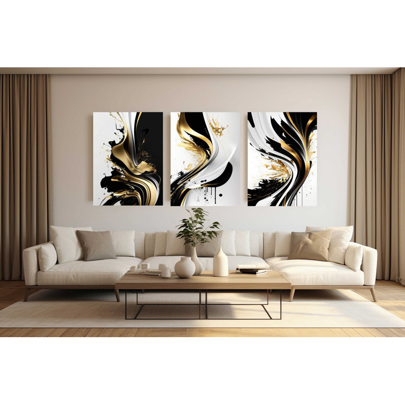 Impression murale acrylique dorée et noire 3 pièces, H 47 po x l 97 po x P 1 po