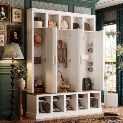 Porte-manteau d'entrée de style ferme de 150 cm (59 po), meuble de rangement avec plateau en noyer, 3 portes d'armoire, étagère à chaussures et crochets pour hall d'entrée