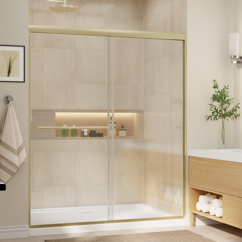 Porte de douche coulissante double encadrée l 56 à 60 po x H 70 po avec verre trempé épais de 1/4 po (6 mm), Brushed Gold