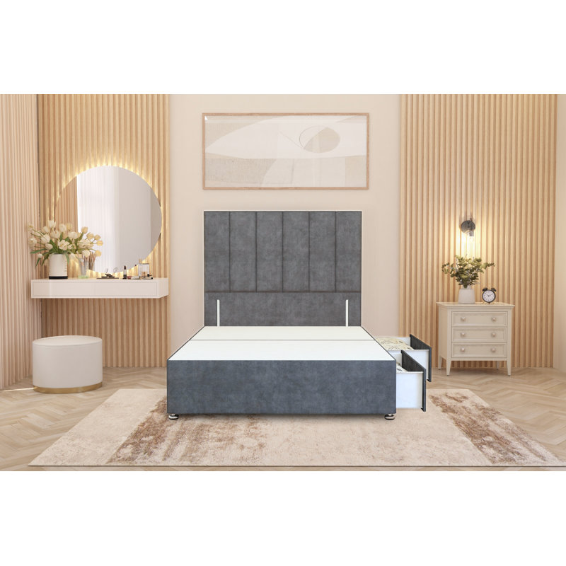 Asterin Divan Bed Base with 54" Floor Standing Headboard Plush Velvet, Single (3'), Grey, 2 Drawers