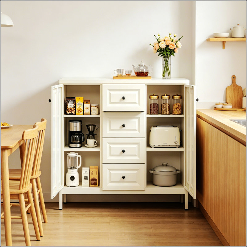 Buffet de rangement beige durable de 40,16 po avec 4 tiroirs et 2 portes, parfait pour les espaces de vie organisés
