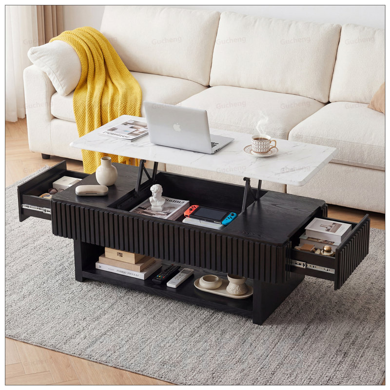 Table basse rectangulaire à plateau relevable avec rangement caché, plateau en marbre, bandes en bois massif, multifonctionnel pour les petits espaces