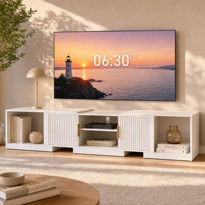 63"-84.6" Extendable TV Stand for 55"-80" TVs, Adjustable Corner Entertainment Center with Storage Cabinets, Fluted Doors, White