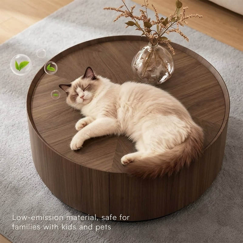 Round Coffee Table With 2 Storage Drawers And Heavy Duty Base, 13" H x 35" L x 35" W , Brown