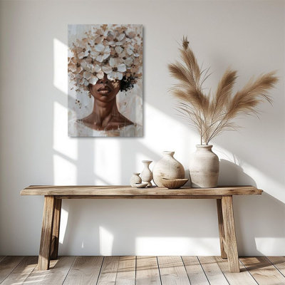 1pc Canvas Wall Art, Portrait of a Black Woman with White Flowers Covering Her Face, Impressionist Oil Painting Poster 24"x36" Framed Painting Room Wall Decor, Ideal Gift For Bedroom Living Room Hallway Dorm, Ready To Hang