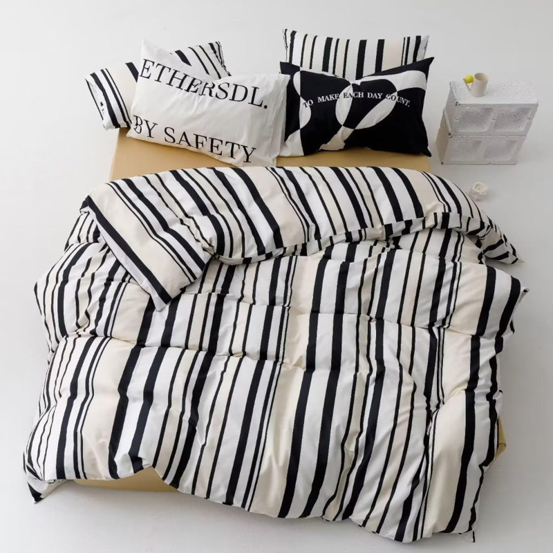 Ensemble d'édredon rayé noir et blanc pour lit double Édredon à motif géométrique femmes hommes Beige