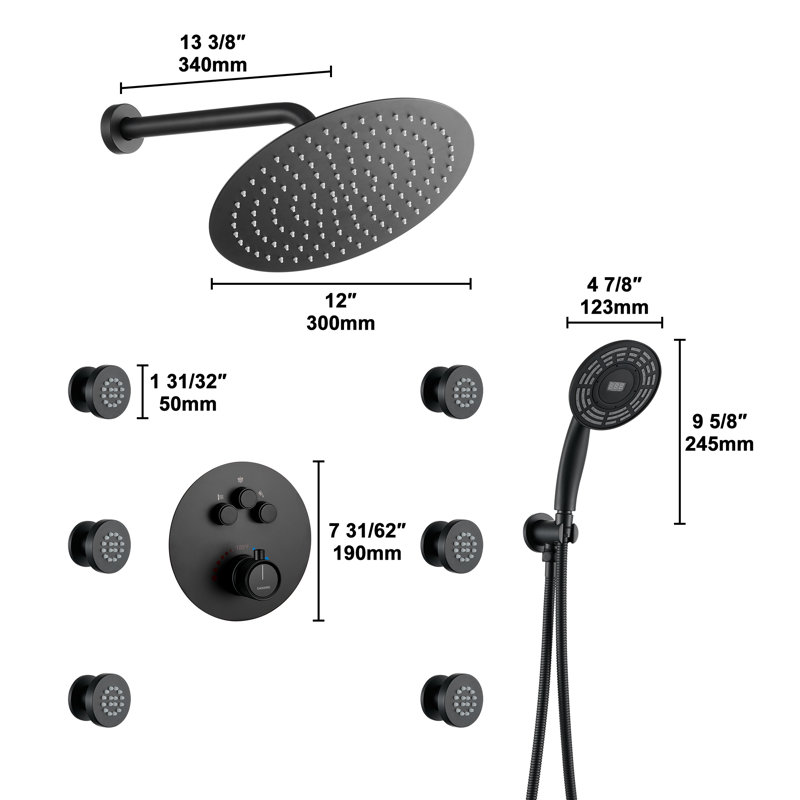 Thermostatic Rainfall Shower System with Rough in-Valve and Digital Display Handheld, Matte Black