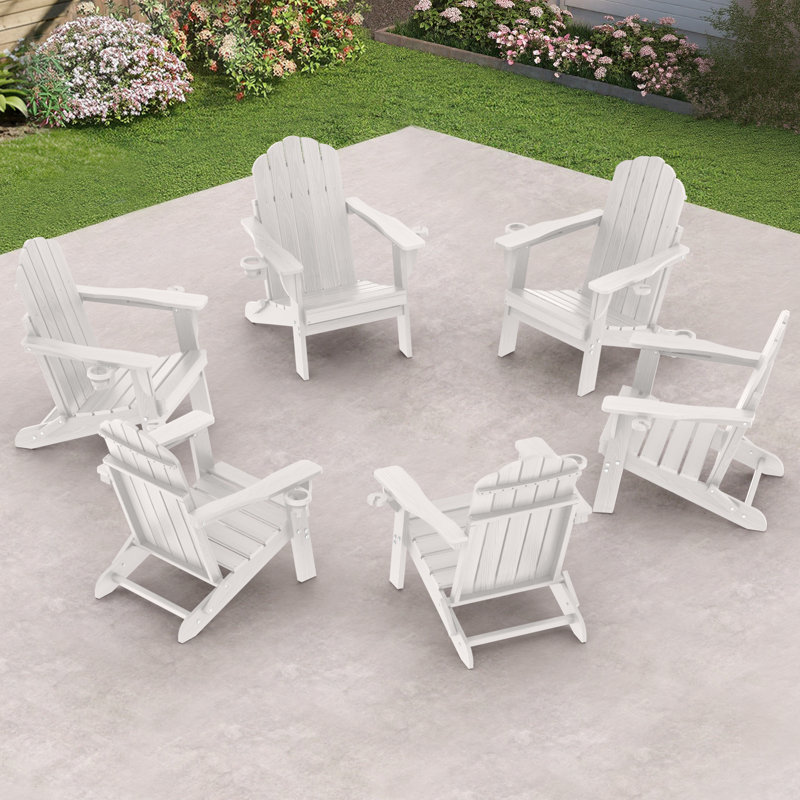 HDPE Adirondack Foldable Chair Wood Texture With Cup Holder(Set Of 6), White