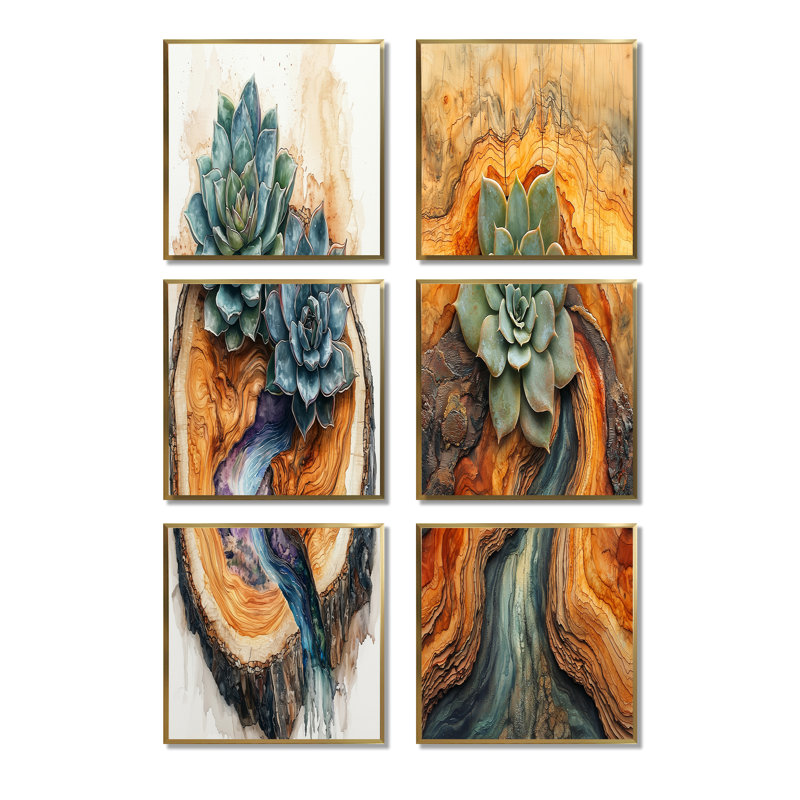 Succulent sur un plateau de rivière en bois - ensemble de 6 reproductions d'art floral, Doré