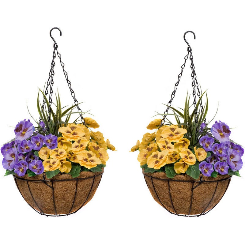 2 x Hanging Baskets with Purple & Yellow Flowers and Decorative Grasses (Set of 2), Yellow/Purple