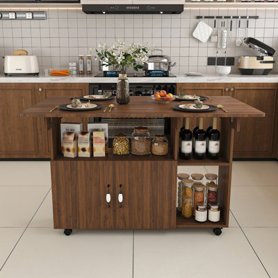 Table pliante multifonctionnelle avec tablettes et roulettes de rangement, table de salle à manger pliable de 47 pouces pour les petits espaces, bureau compact pour la cuisine, dortoir, bureau (noyer)