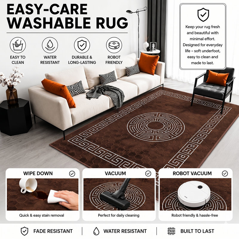 Vibe Large Area Rug Greek Design Carpet With PVC Backing Non-Slip Rug For Living Room, Hallway, Bedroom & Indoor/Outdoor Spaces