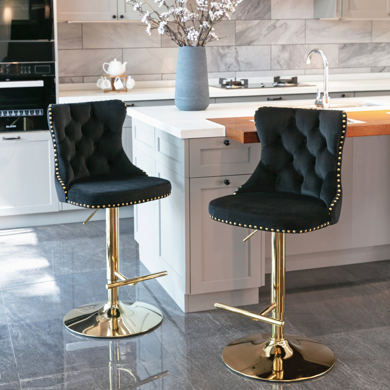 Pivotant doré, hauteur de siège réglable, confortable, velours, moderne, noir, tabourets de bar avec dossier, de 2, pub à domicile, îlot de cuisine, pivotant de 25 à 33 po