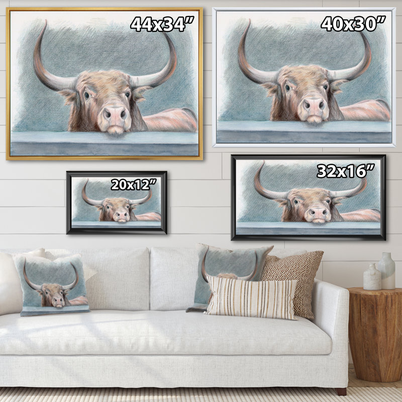 " Big Bull With Horns Behind A Low Wall ", Gold Floater Frame, 16" H x 32" W