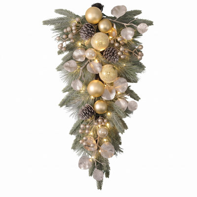 Décoration de Noël 24 po - Décoration de boîte aux lettres et de porte d'entrée pour escaliers, balustrade, fenêtre, ornements en forme de boule, feuilles d'or, pommes de pin, baies