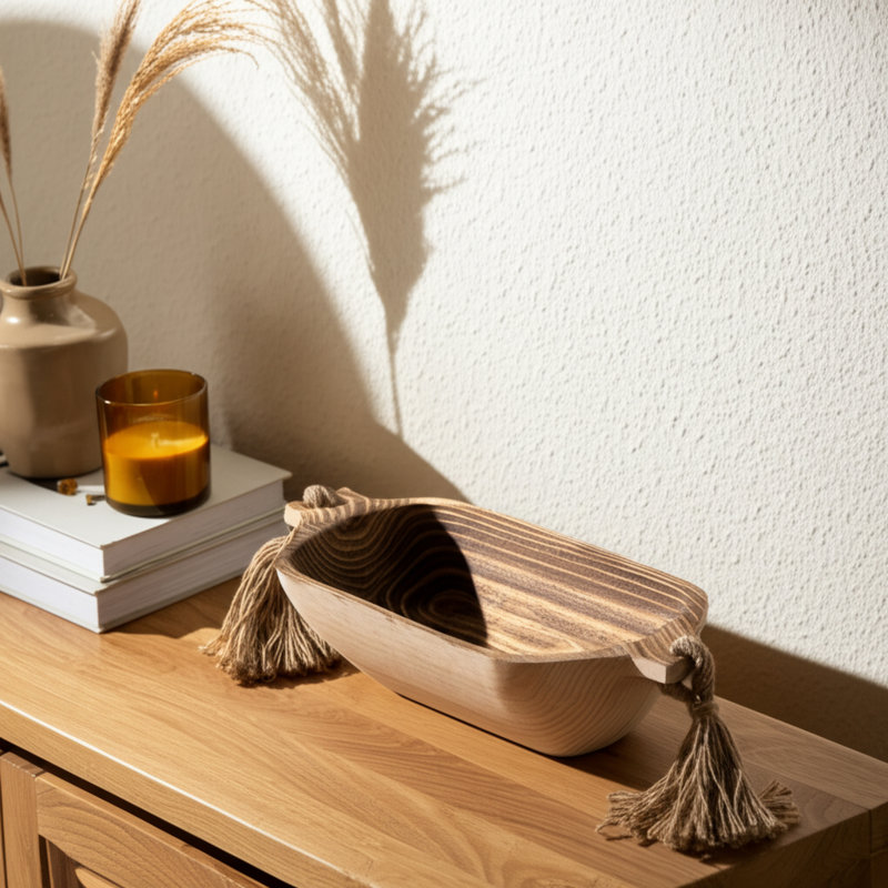 Decorative Wood Accent Tray with Tassels for Coffee Table Decor - Stylish Home Decor Tray for Kitchen Counter, Trinket, or Entryway - 15", Brown