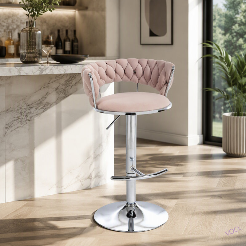 Ensemble de 2 tabourets de bar, avec repose-pieds chromé et base pivotante en velours à hauteur réglable et tabouret de bar simple chromé
