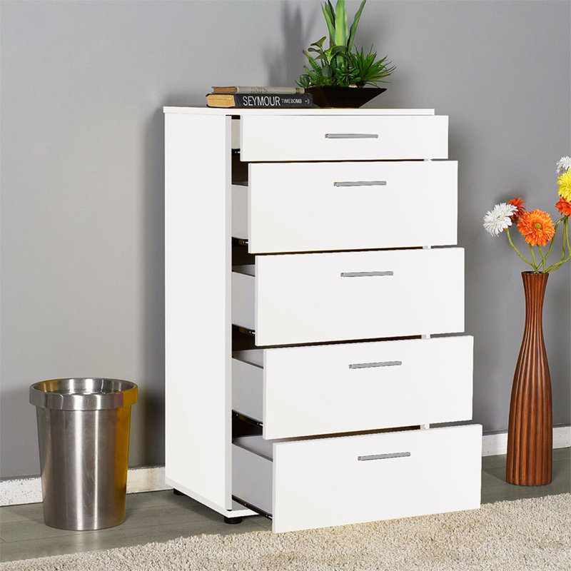 Commode blanche moderne avec 5 tiroirs, 23,6 po x 42,5 po x 17,3 po | Panneau de particules revêtu de mélamine à 100%, conception murale | Solution de rangement élégante pour la chambre à coucher et le salon | Finition élégante de couleur unie