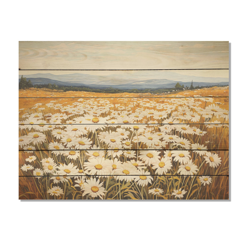 Symphonie blanche «Daisy Bloom» dans le champ - marguerites, art mural sur bois de pin naturel, H 30 po x l 40 po