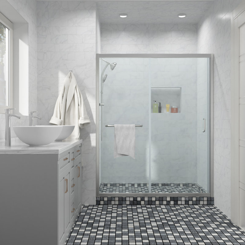 48'' W x 72'' H Frameless Shower Door Single Sliding Shower Door Tempered Glass Bathroom Shower Door, Brushed Silver