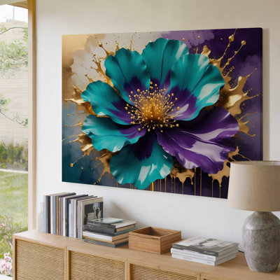 Toile au centre, une fleur étonnamment vibrante avec de grands pétales fluides dans une riche turquoise et mauve foncé, art mural sur toile lustré