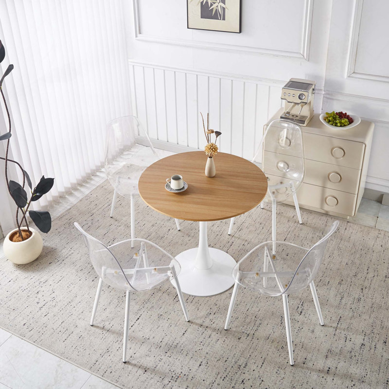 Ensemble de salle à manger 5 pièces avec table de pub ronde et 4 chaises en plastique transparent, esthétique moderne et luxueuse pour les bars et les cuisines