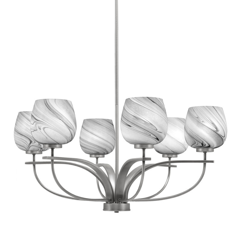 Unia 6 Light, Uplight, Chandelier Shown In Graphite Finish With 6" Onyx Swirl Glass