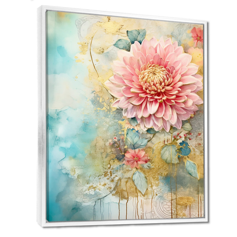 «Dahlia» en fleur, collage doré rétro - décoration murale Dahlia, H 20 po x l 12 po x P 1 po, Toile encadrée flottée blanche