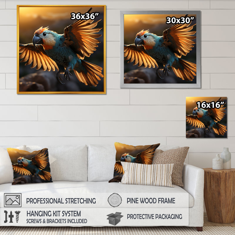 Vol de perroquets bleus coucher de soleil doré, Cadre flottant noir, 36" H x 36" W