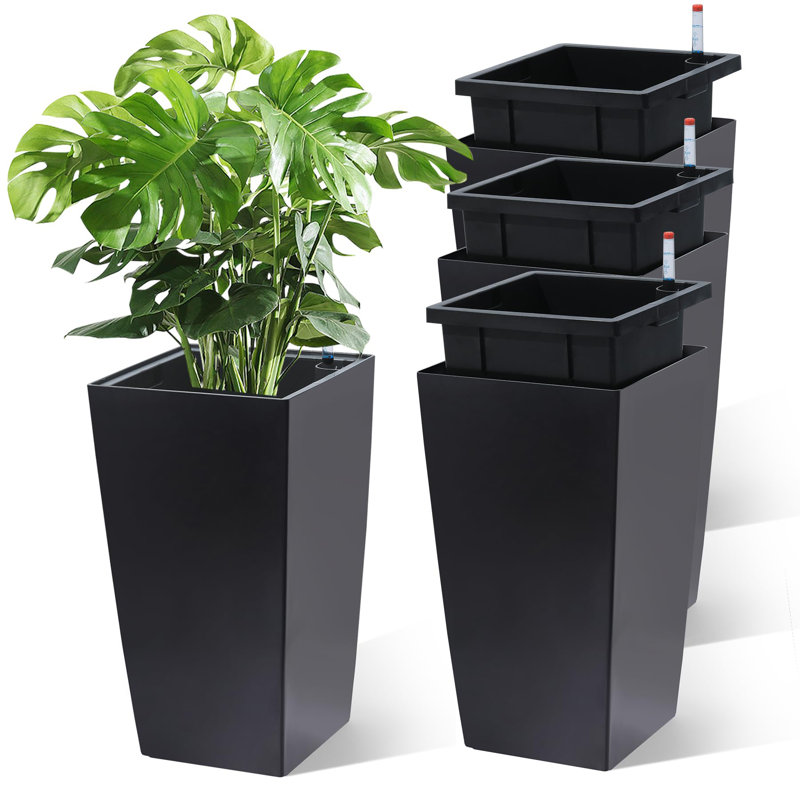 16" Tall Planters Set of 4, Outdoor＆Indoor Black Planter Pots, High Front Porch Planter Pots with Drainage Holes＆Water Level Monitor＆Inner Bucket