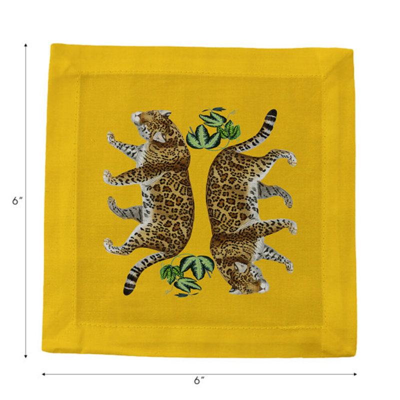 Leopard Seeing Double Cotton Sateen Cocktail Napkins, Yellow
