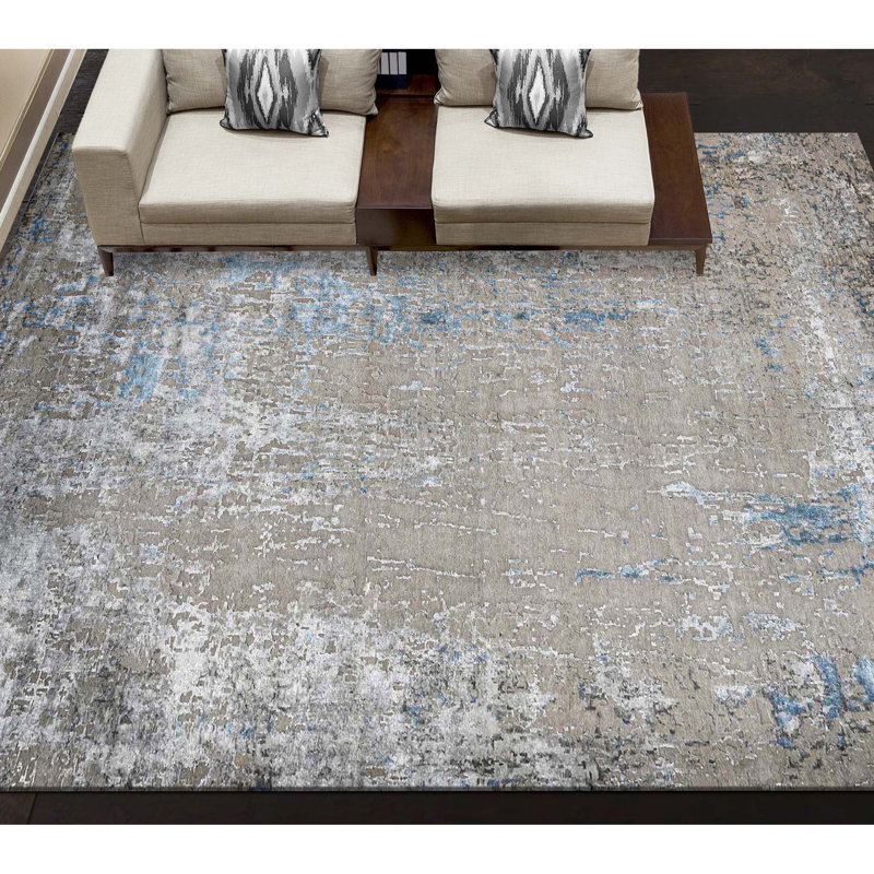 Tapis en laine / viscose abstrait noué à la main beige / bleu clair / gris, Rectangle 8 pi x 10 pi