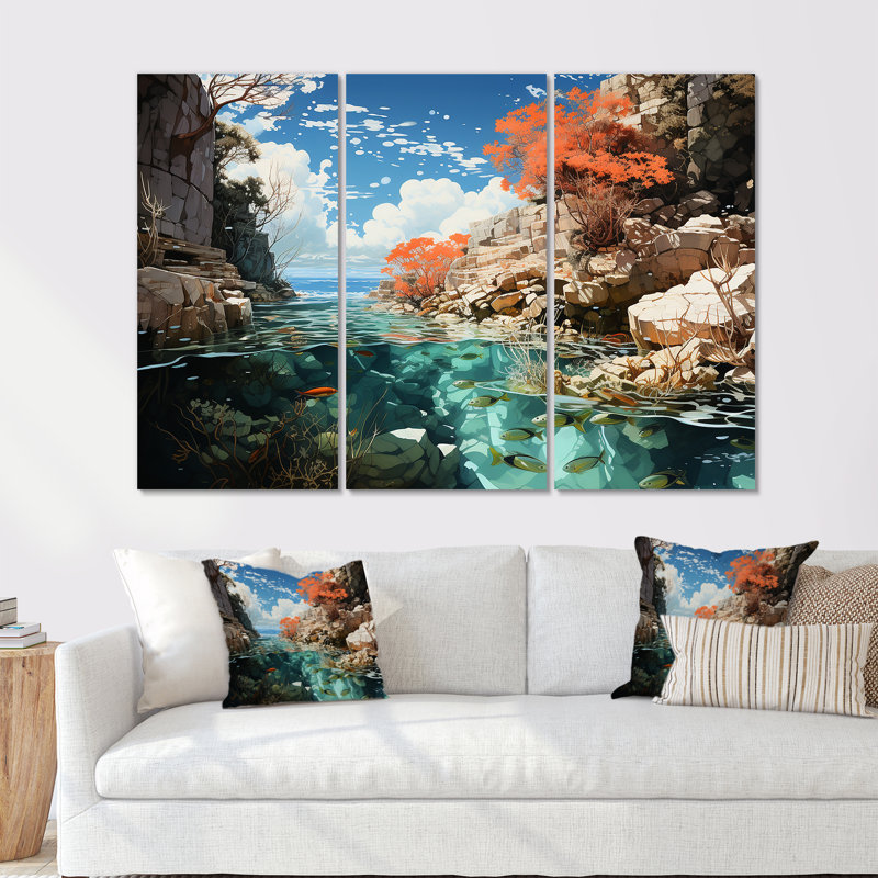 Coraux et corail patchwork paysage - ensemble de salon art mural corail, H 40 po x l 60 po x P 1 po
