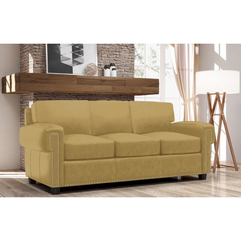  Fardin 87" Genuine Leather Queen Sleeper Sofa, Cream Genuine Leather