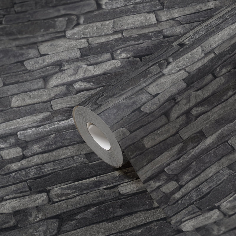 Bricks and More Collection Rocky Retreat Motif Wallpaper Roll, Black