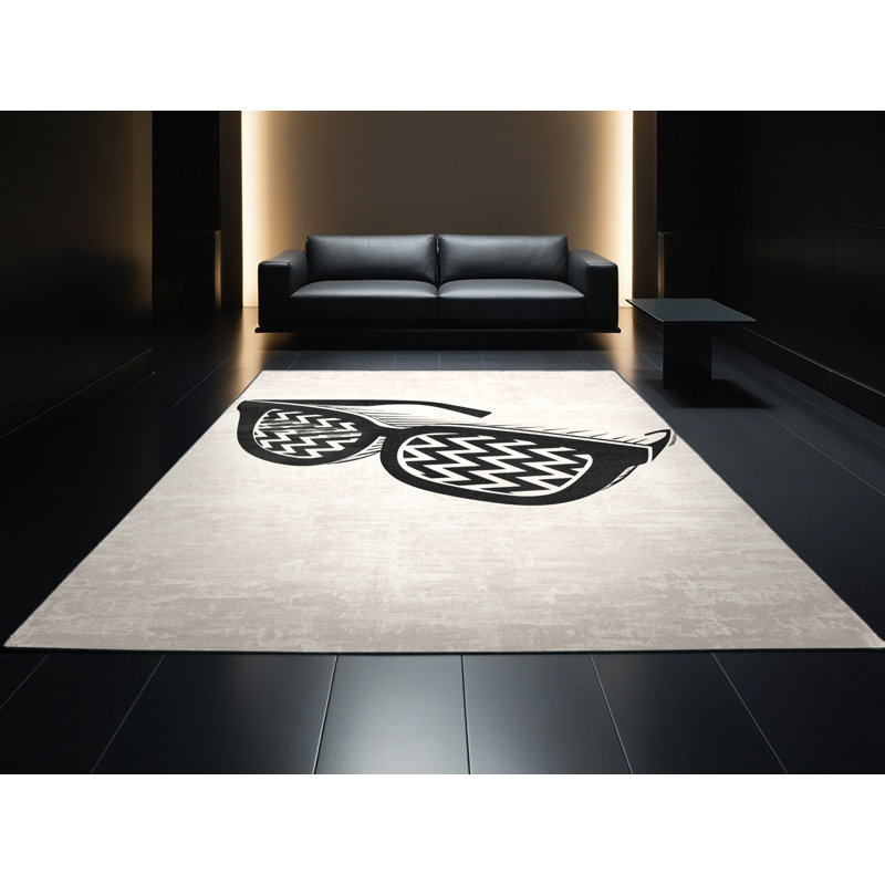 Machine Washable Pacen Three D Glasses Retro Chevron / Zig Zag Rug in Beige – Black Binding, 2x3