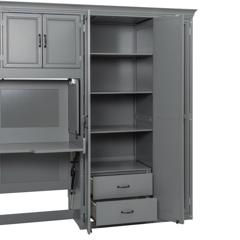 Murphy Bed Wall Bed With Wardrobe, Cabinet And Desk, Gray