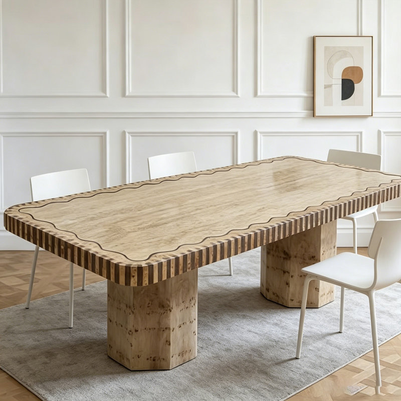 Table de salle à manger rectangulaire moderne et épurée en chêne blanc massif, fini bûches et plateau en travertin