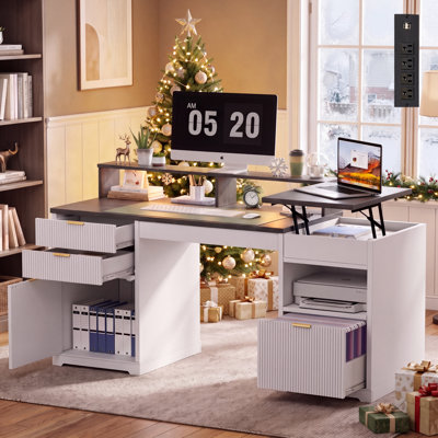 63"w Modern Fluted Executive Lift Top Desk, Wood Home Office Desk With Charging Station and File Cabinet, Computer Desk With 3 Drawers, Writing Desk With Open Shelves, Led Gaming Work Desk With Monitor Stand, White, Gift