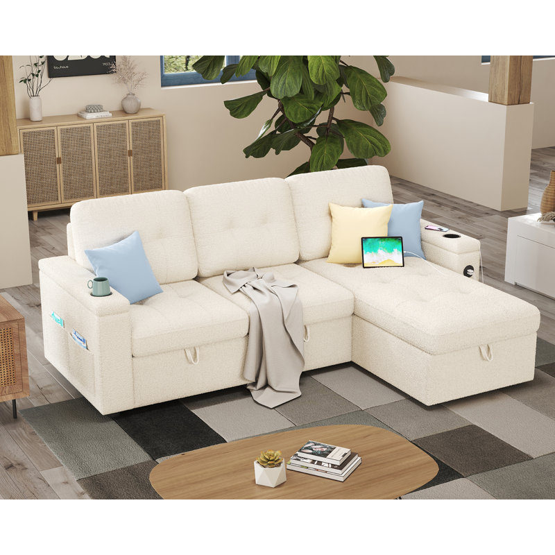 Canapé-lit Fido de 84 po, canapé-lit capitonné avec 2 prises USB et porte-gobelets, canapé-lit modulaire en forme de L avec méridienne de rangement