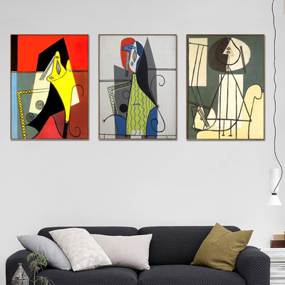 Ensemble de 3 toiles encadrées par Pablo Picasso, série d'art mural n ° 74 pour les décorations de bureau à domicile (cadre de couleur bois mince, 24 po x 32 po chaque pièce)