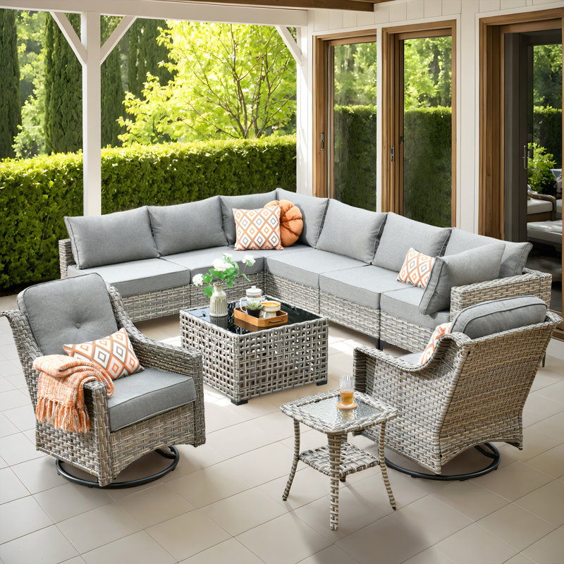 Emroy 8 - Person Wicker/Rattan Sectional Seating Group with Lighted Coffee Table and Swivel Chairs, All Weather Modular Outdoor Conversation Set with Cushions