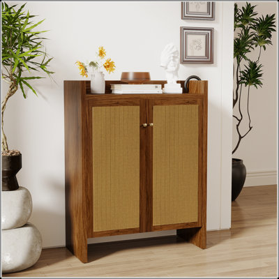 Armoire à chaussures haute en rotin avec portes, tablettes réglables à 6 niveaux, organisateur autoportant en bois pour le vestibule et le couloir