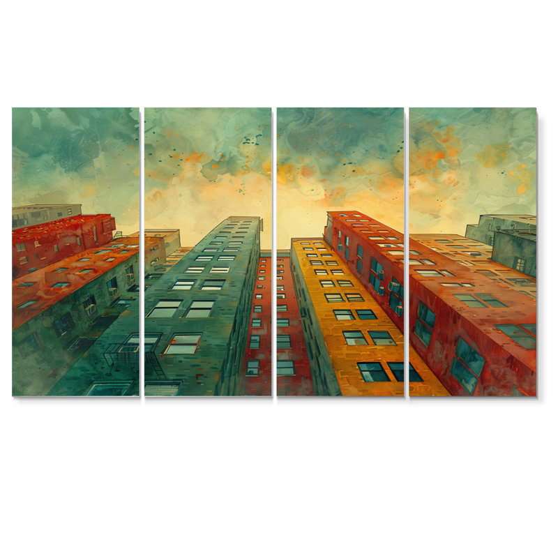 Ensemble de décorations murales gratte-ciel vert vert rouge urbain rétro II, H 32 po x l 64 po