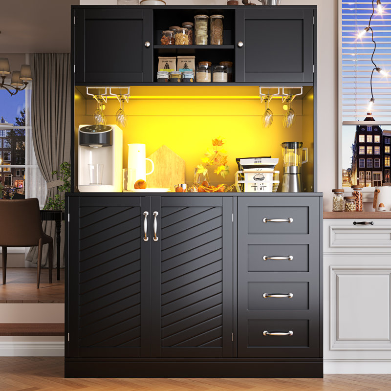 Kitchen Cabinet With Led, 4 Doors And 2 Drawers, Black
