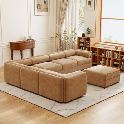 Grand canapé modulaire modulaire avec rangement Canapé modulaire en chenille pour le salon, le dossier cylindrique et les accoudoirs 6 sièges